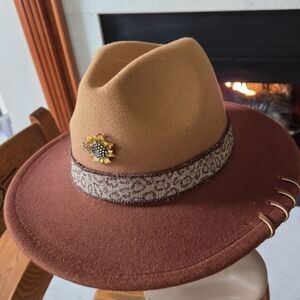 Customized Handcrafted Brown and Tan Fedora Hat with Sunflower Brooch